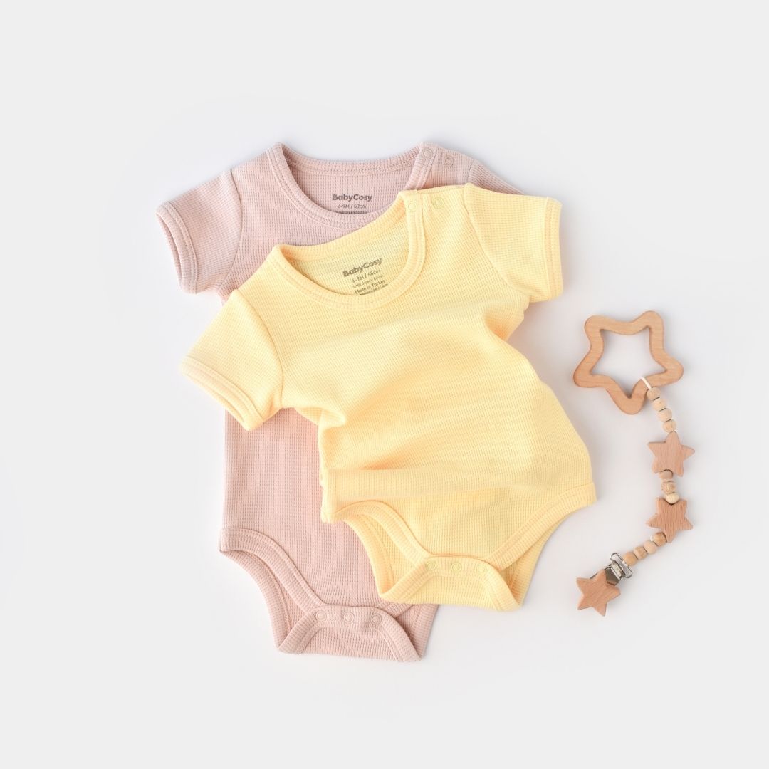 WAFFLE Pack of 2 Short-sleeved bodysuits in 100% Organic Cotton